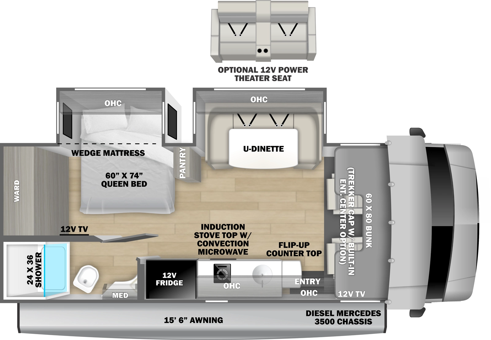 The Sunseeker MBS 2400BDS floorplan has one entry and one slide out. Exterior features include: 15'6" awning. Interiors features include: bunk over cab and u-dinette.